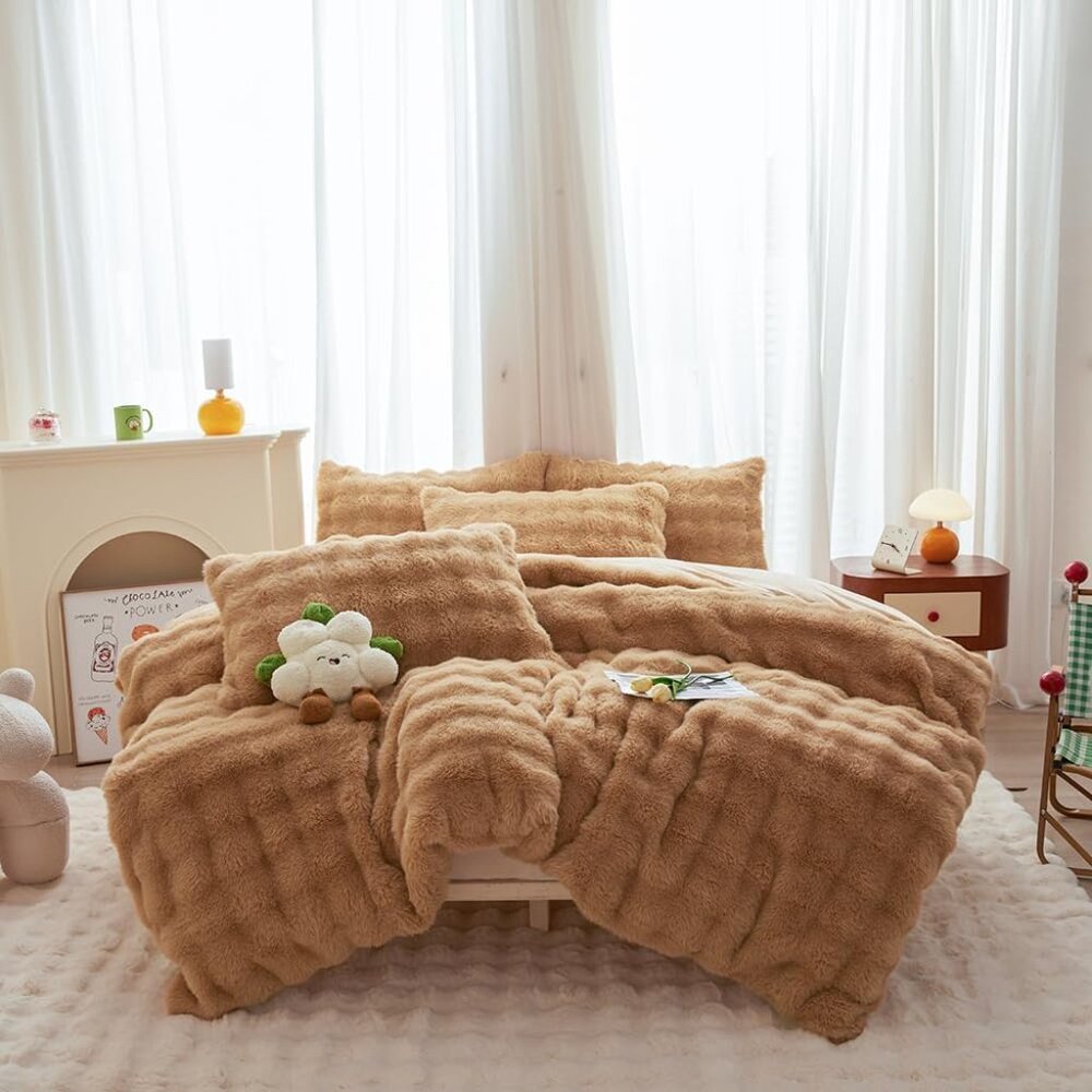 Bread Grid Coffee Rabbit Plush Faux Fur Comforter Set Queen Sz